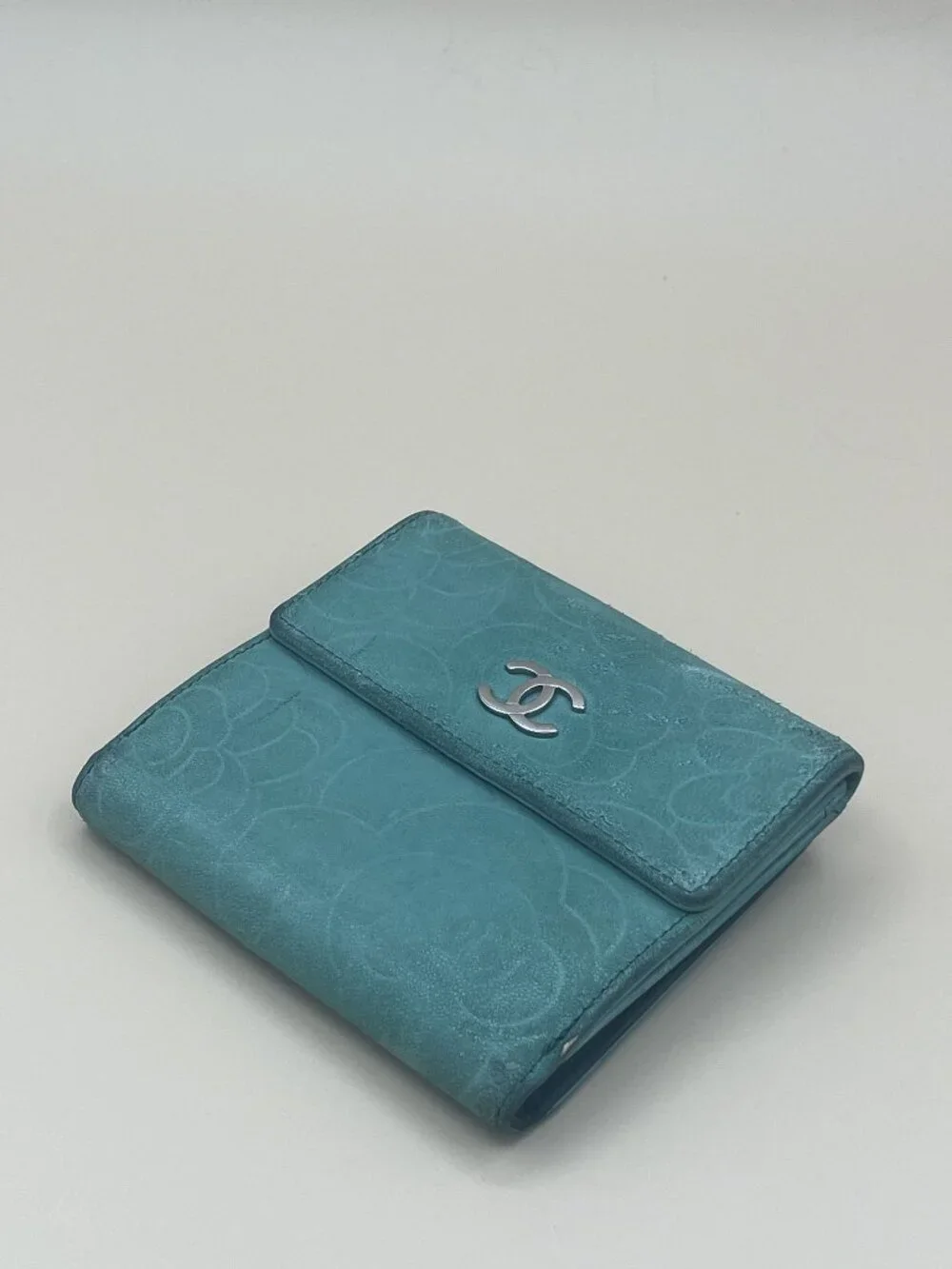 Chanel Camellia Embossed Compact Bifold Wallet Teal Blue Lambskin Silver CC